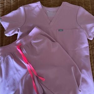 FIGS Women's Scrub Set in Pink with Neon Pink Drawstring